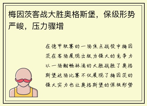 梅因茨客战大胜奥格斯堡，保级形势严峻，压力骤增
