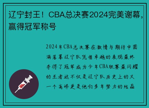 辽宁封王！CBA总决赛2024完美谢幕，赢得冠军称号