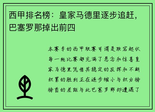 西甲排名榜：皇家马德里逐步追赶，巴塞罗那掉出前四