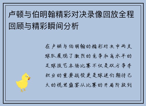 卢顿与伯明翰精彩对决录像回放全程回顾与精彩瞬间分析