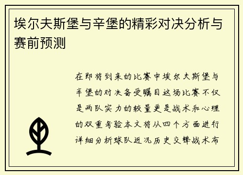 埃尔夫斯堡与辛堡的精彩对决分析与赛前预测