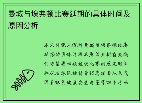 曼城与埃弗顿比赛延期的具体时间及原因分析