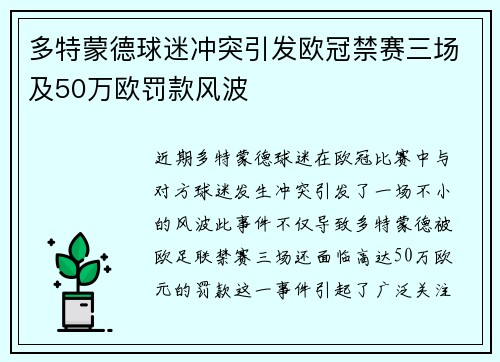 多特蒙德球迷冲突引发欧冠禁赛三场及50万欧罚款风波