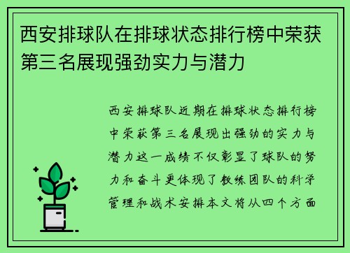 西安排球队在排球状态排行榜中荣获第三名展现强劲实力与潜力