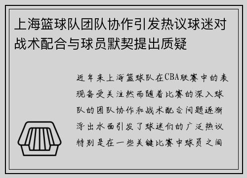 上海篮球队团队协作引发热议球迷对战术配合与球员默契提出质疑