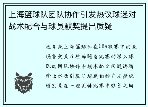 上海篮球队团队协作引发热议球迷对战术配合与球员默契提出质疑