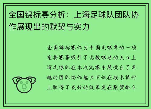全国锦标赛分析：上海足球队团队协作展现出的默契与实力