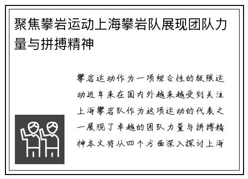 聚焦攀岩运动上海攀岩队展现团队力量与拼搏精神